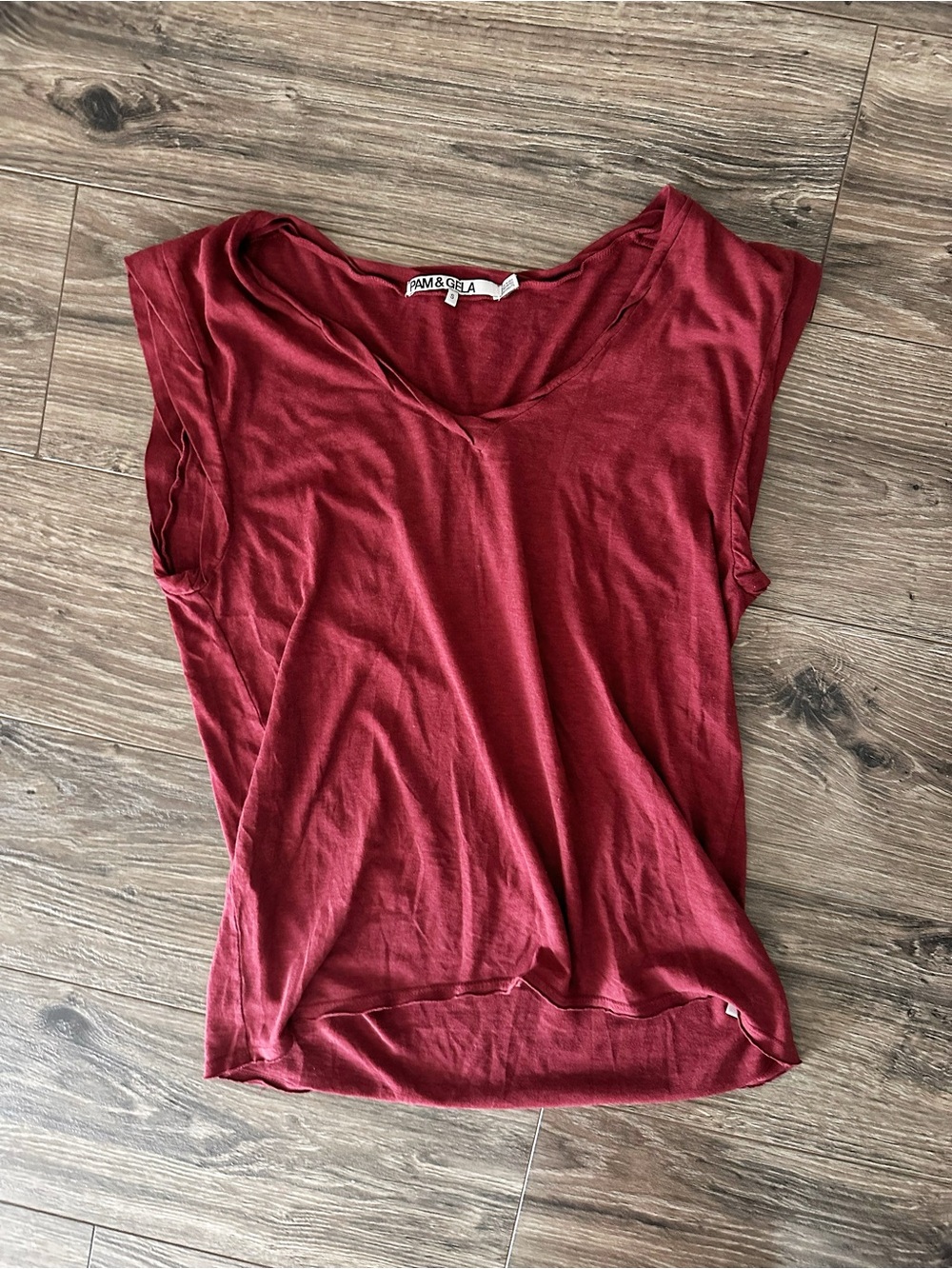Pam & Gela Women's Burgundy V-Neck Cap Sleeve Top